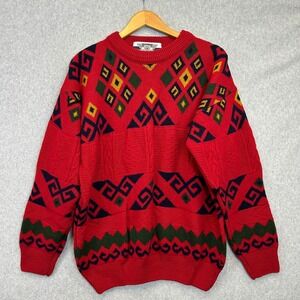Bomber Knit Crewneck Grandpa Sweater Red Geometric Wool Retro Vintage Mens Large